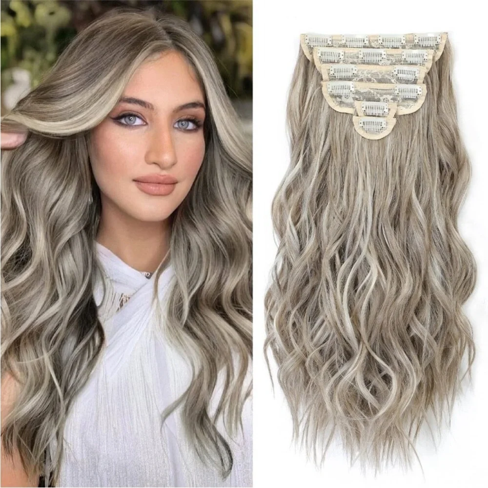 Clip-in Hair Extensions 6PCS Wavy Light Gray Ash Blonde Light Brown Thick Hair